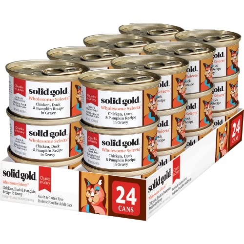 Image of Solid Gold Wet Cat Food for Adult & Senior Cats 24 Pack - Wholesome Selects Chunks in Gravy - Made with Real Chicken & Duck for Healthy Digestion and Sensitive Stomach