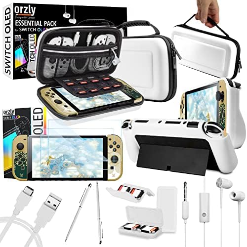 Orzly Accessory Bundle kit for Nintendo Switch Oled Accessories Essentials Pack Case and Screen Protector Comfort Grip Cover Headphones charger cable Games holder and more - Gift boxed OLED Edition : Video Games