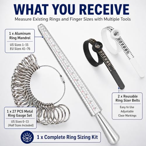 Image of Ring Mandrel Sizer Metal Jewelry Measure Size 1-13 with Rings Finger Gauge Set of 27 Pcs Circle Models Jewelers Sizers Tools
