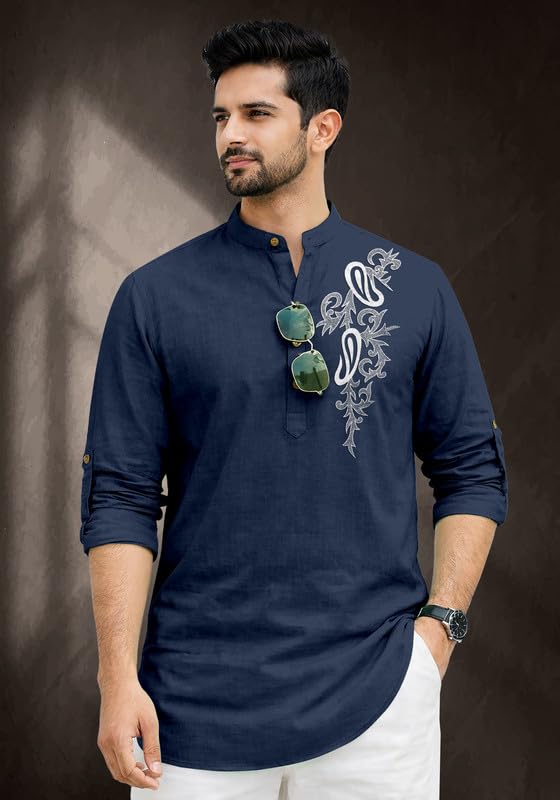 Image of Cotton Blend Self Design Printed Casual Short Kurta for Men Long Sleeve Mandarin Collar Stylish Kurta Shirt for Men