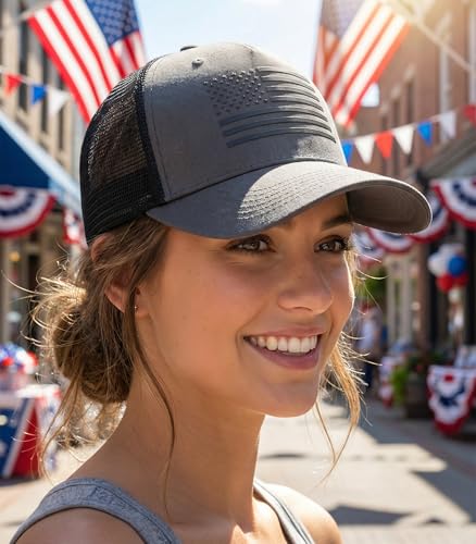 Image of American Flag Trucker Hat,USA Hat for Men Women Snapback Baseball Cap Adjustable Breathable Mesh Side Durable Hats