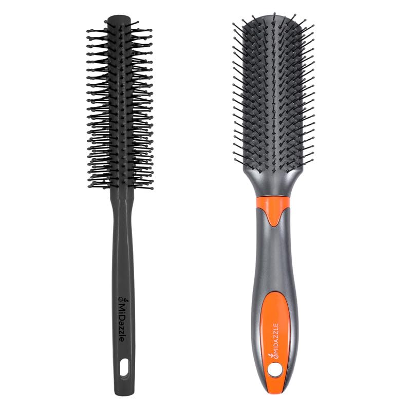 Image of Midazzle Premium Grey Round Hair Brush (MIHB0034) With Premium Grey & Orange Flat Hair Brush (MIHB0005) - Set of 2