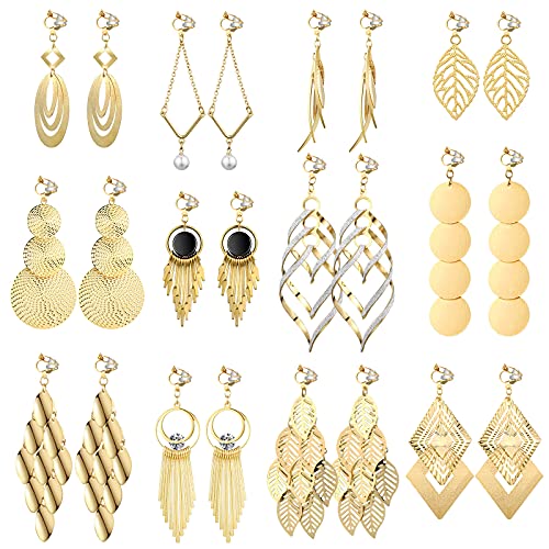 Hicarer 12 Pairs Clip on Earrings Dangle Drop Dangle Earrings Set Bohemian Tassel Pendant Plated Ear Non Piercing for Women Jewelry Gifts Wedding Party