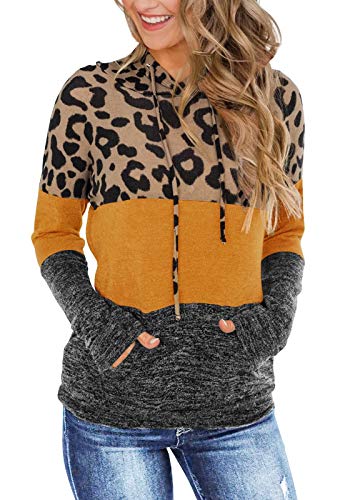Fashare Womens Hooded Sweatshirts Leopard Color Block Hoodie Long Sleeve Pullover with Pockets Yellow