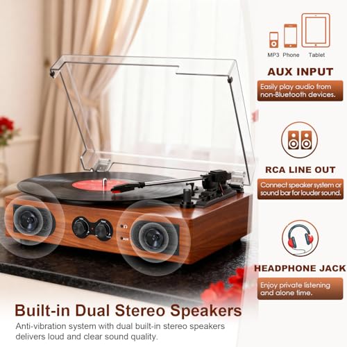 Image of Vinyl Record Player with Built-in Stereo Speakers, 3-Speed Belt-Drive Turntable, Treble & Bass Control, RCA-Out /AUX-in, Headphone Jack Vintage LP Player, Red Wood