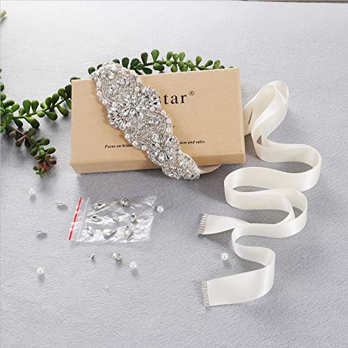 Yanstar Blush Sash Crystal Applique Wedding Bridal Belts In Silver With Pearls Beaded On Wedding Prom Dress-7.7In2In
