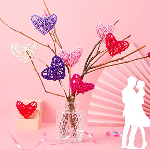32 Pieces Valentine's Day Heart Shaped Vase Filler Natural Wicker Balls Ornaments Set, Include 18 Rattan Hearts Vase Filler 2 Led String Lights 10 Round Wood Stick 2 Craft Ribbon For Valentine Decor #TOP2