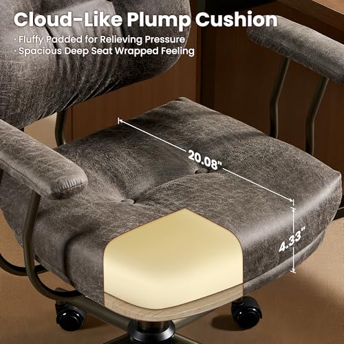 Image of ovios Ergonomic Office Chair, Mid Back Faux Leather Executive Chairs with Thick Cushion, Comfy Mid-Century Modern Swivel Rolling Computer Armchair (Dark Grey, Suede Leather)