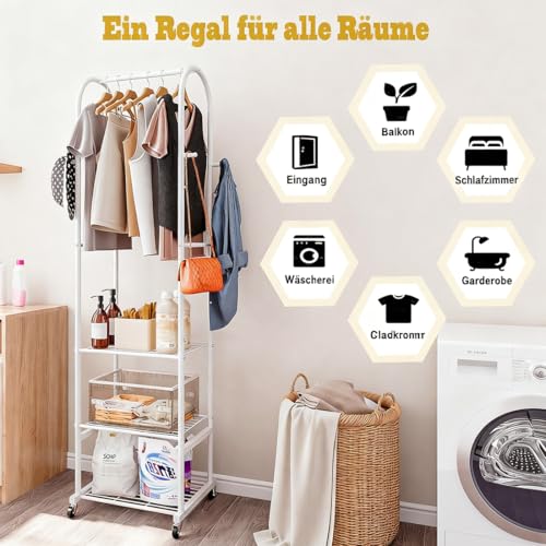 Dazioter Kleiderständer mit Rädern und 3-stufigen Metallböden, Kleiderstangen zum Aufhängen von Kleidung mit 4 Haken, Kleiderständer Garderobe Organisator für kleinen Raum, weiß