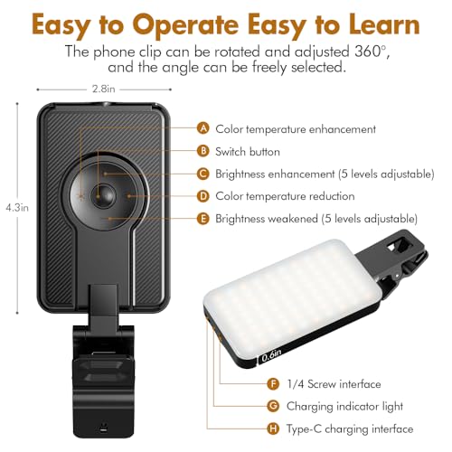 Selfie Light for iPhone,Portable Phone Clip on Light,Rechargeable LED Ring Light for Phone,Video Recording,Camera,Laptop,TikTok,Tablet,Vlog,Computer,5 Lighting Modes,80 LED High Power