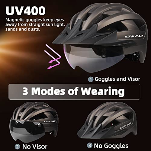 KINGLEAD Casco de Bicicleta para Hombres y Mujeres con Iluminación LED Recargable por USB, Gafas Magnéticas y Visera Extraíble, Casco de Bicicleta de Montaña Carretera - imagen 2