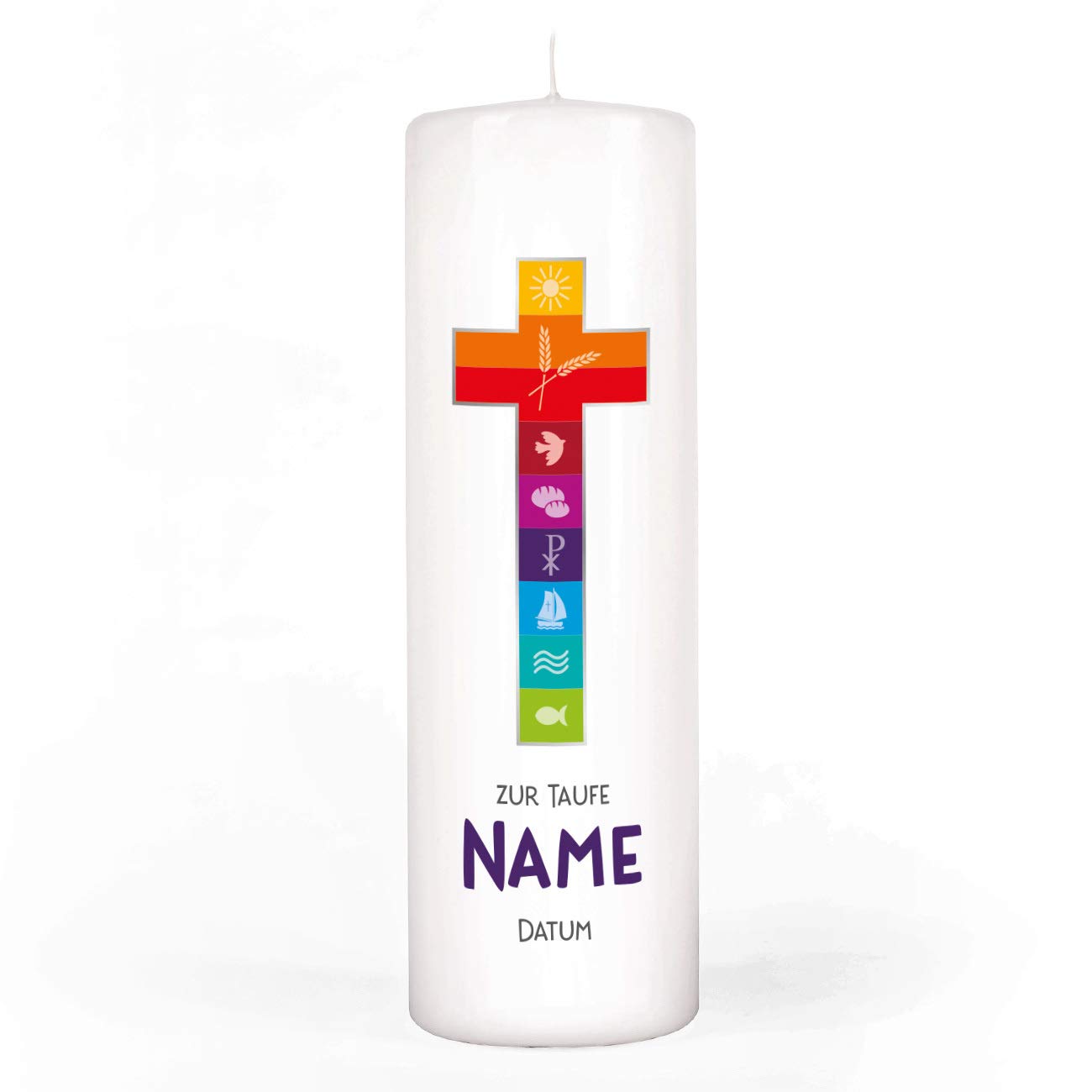 Striefchen® Taufkerze mit buntem Kreuz, Namen u. Taufdatum sowie eigenen Taufspruch 8 x 25 cm