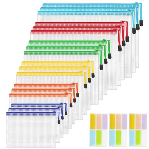 18 Stück Dokumententaschen mit Reißverschluss Wasserdichte Dokumententasche PVC Mesh Zip File Bags Transparente Zip Beutel für Dokumente, Schule, Büro, Reisepass, Kosmetik (Bunte, 6 Größen)