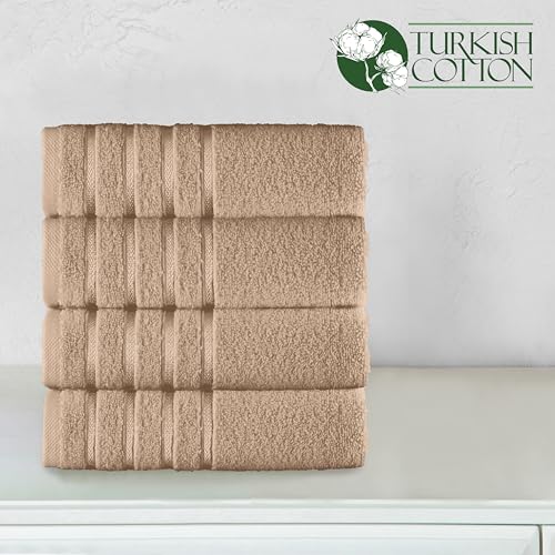 Image of Elegant Comfort 100% Turkish Cotton 4 Lines Viscose Stripe Luxury 4 Pack Hand Towel Set - Ultra Absorbent and Soft 16 x 28 Inch Premium Hotel Spa Quality Towels for Everyday Bath Use, Taupe