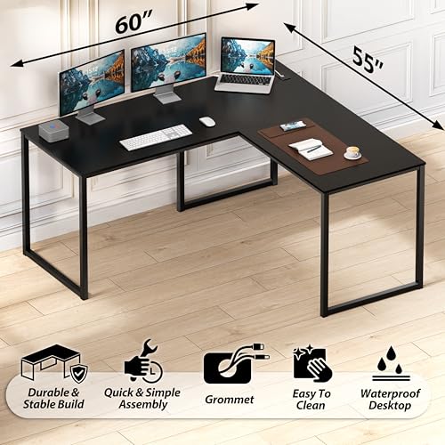 Image of SHW Mission 55 x 60 Inches L-Shape Home Office Computer Desk, Black