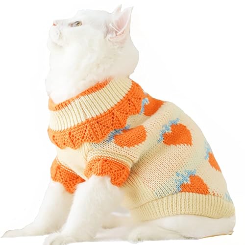 ANIAC Fall Dog Sweater for Small Dog Girl Strawberry Knitted Cat Sweater Winter Puppy Clothes Turtleneck Kitten Knitwear Could Weather Outfit for Teacup Chihuahua Yorkie Poodle (Small, Orange) - Orange - Small