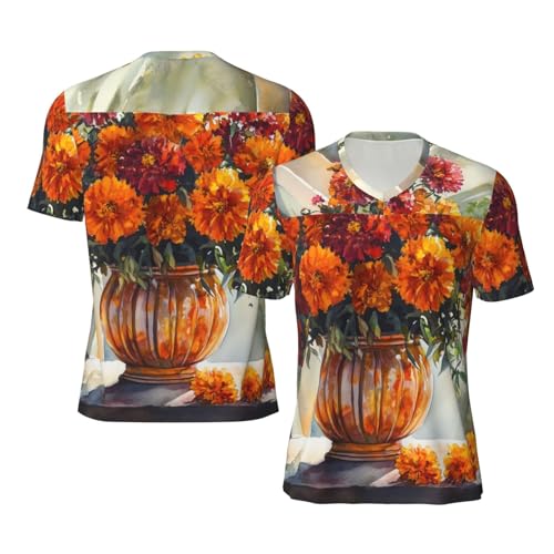 Stylish Athletic Sports Jersey Marigold-in-Vase-Painting Men's Rugby Jersey Large Black