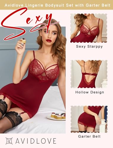 Avidlove Women Lingerie Teddy Bodysuit with Garter Belt Lace Babydoll Full Slips No Stockings (Dark Red, XX-Large)