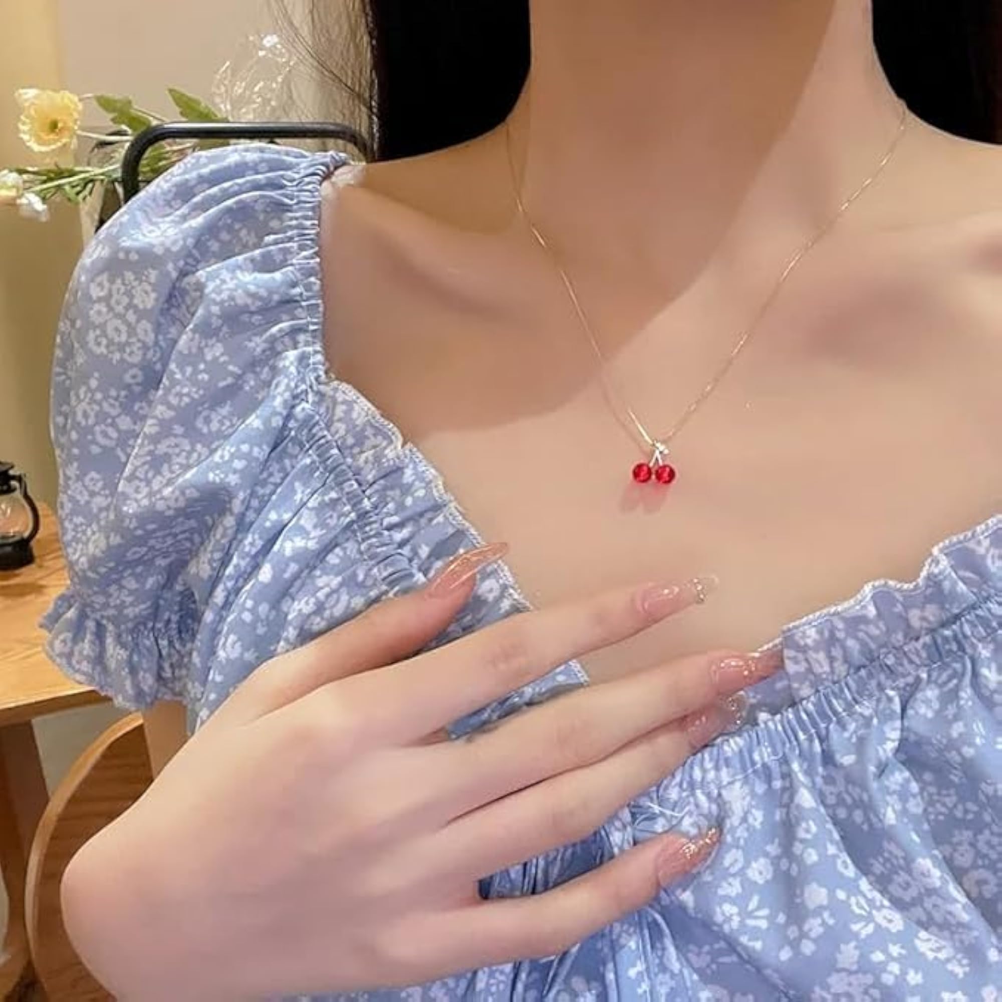 Stylish Korean Red Cherry Pendant Necklace, Cute Gift