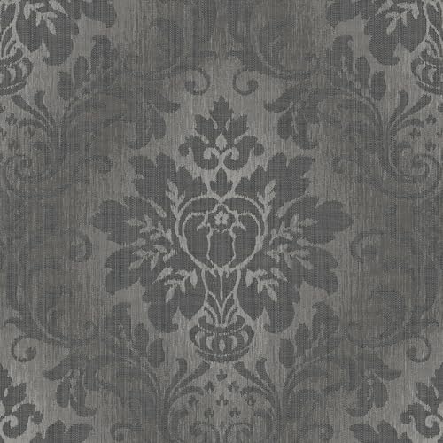 Grandeco Fabric Effect Distressed Damask Wallpaper, Charcoal Grey