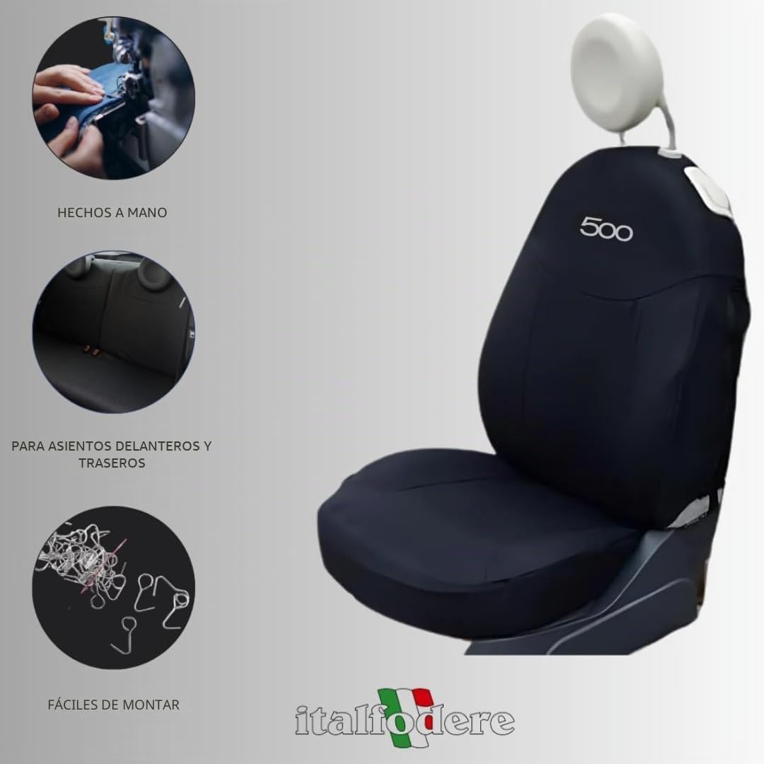 Italfodere - Fundas para Asientos de Coche Delanteros y Traseros - Compatibles con Fiat 500 - Hechas a Mano - Algodón - Espuma de Goma - Poliéster - Accesorios para Interior de Coche - Fabricado en