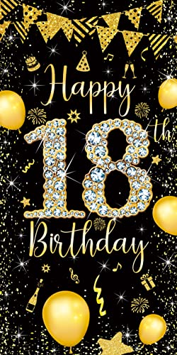 3X6Ft Happy 18Th Birthday Diamond Door Banner 18Th Black Gold Glitter Door Cover Banner Boy Girl Coming-Of-Age Ceremony Party Poster Indoor Outdoor Porch #TOP6
