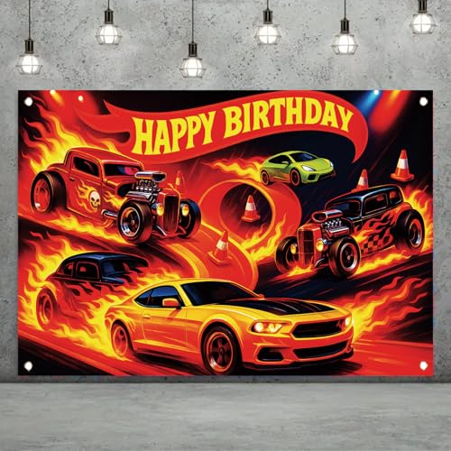 Image of Racing Car Birthday Backdrop Banner - High-Speed Fire & Speed Themed Party Decoration, Sleek Racing Cars Photo Booth Background, 71x43 Inch for Birthday Celebrations
