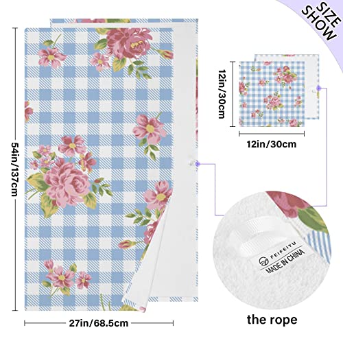 Roses Gingham Flowers Bath Towel Set Cotton Bath Towels For Bathroom Bathroom Towel Sets Decorative 1 Bath Towel 1 Washcloth Soft Absorbent Washcloths For Hotel Beach #TOP2