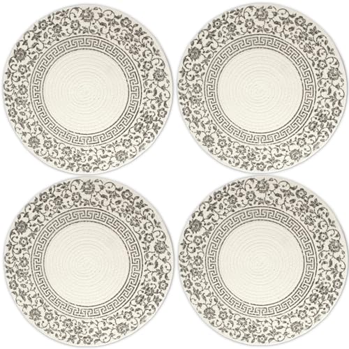 Image of Dining Table Mats Set of 4 | Cotton Table Mat 32 cm Diameter, Encasa XO Washable Round Table Mats, Heat Resistance Dining Table Placemats, Handmade Ribbed Style for Centre Table, Printed Grey