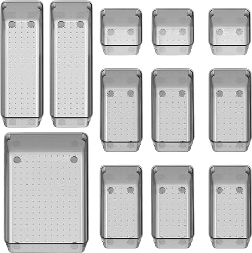 Image of Kienlix Desk Drawer Organizers Trays Set Clear Plastic Storage Bins Bathroom Drawer Tray Dividers Vanity Trays Organizer for Bedroom Dresser Makeup Kitchen Utensil Office (12pc Set (Black))