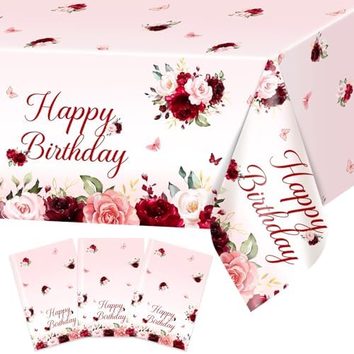 3 pcs Burgundy Birthday Tablecloths 108x54 inch Red Pink Floral B...
