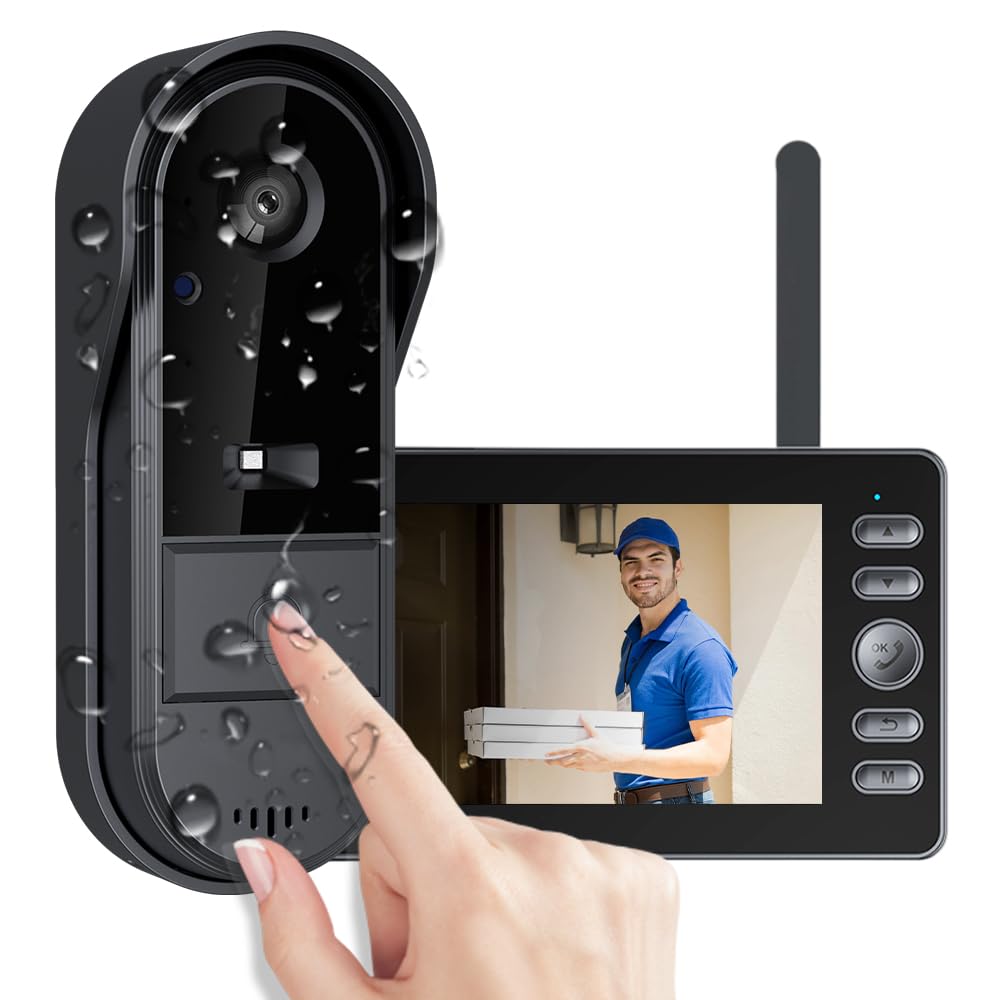 Timbre con Camara Exterior 1080P Videoportero Inalambrico con Pantalla IPS de 4,3 Pulgadas de Video, Audio Bidireccional, Visión Nocturna, 170° Gran Angular, Conexión Bluetooth, No Requiere WiFi