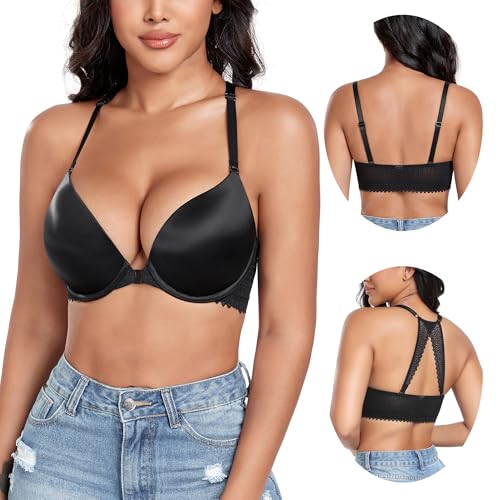 DotVol Women's Plunge Underwire Front Closure Push Up Bra Convertible Bohemian Back Everyday Bra(Black, 32D)