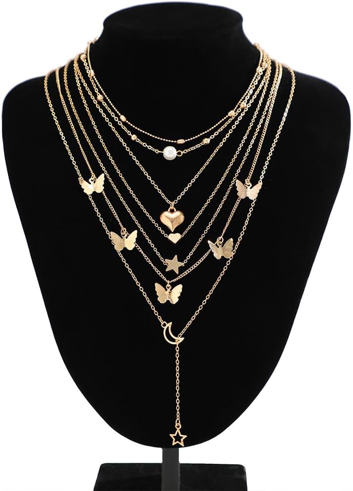 Long Layered Gold Butterfly Statement Necklace Set for Women Trendy Disc Heart Moon Party Favors Choker Necklaces Fashion Pearl Pendant Jewelry Gifts - Image 6