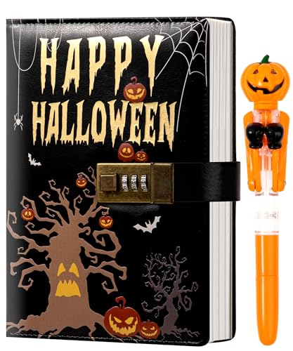 CAGIE Journal with Lock for Women Men, A5 Locked Journal with Pumpkin Pen Set, Halloween Notebook with Combination Lock 192 Pages Diary with Lock, 5.7x 8.3 Inches, Black