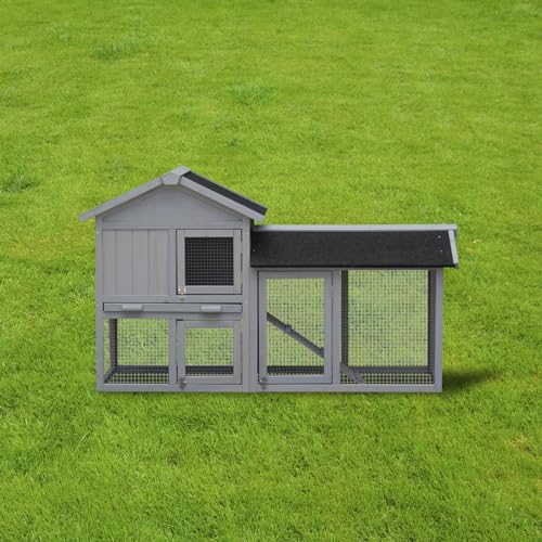 CHARLES BENTLEY FSC Wooden, Two Storey Pet Hutch, With Run, Grey, Wood, Ramp, Pull Out Tray, Locks, Black Mesh, Waterproof, Sloped Roof, Open Bottom For Grazing (145x86x53cm)