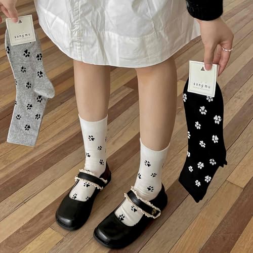 cute dog paw print socks for women, women's Cartoon dog animal paws print crew socks, fun dog fashion graphic knit socks, dog lovers gifts3