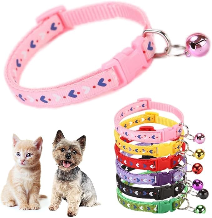 Cat Collar with Bell,Love Pattern Cat Collar Girl Cute Fancy Boys Puppy Collar with Bells for XXS XS Tiny Little Kitten Pet (Pink, Neck 7-12")