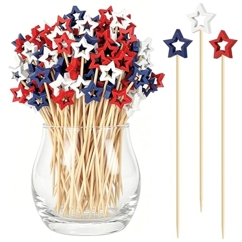 PEOUWNES 100 Pcs Red Blue White Star Cocktail Picks 5 Inch Long Bamboo Toothpicks for Appetizers Sandwich Fruit Skewers Cake Dessert Barbecue Food Drinks Independence Day Party Decorations