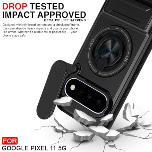 Image of AESTMO Google Pixel 11 Back Cover | Armor Camera Slider 360 Degree Rotating Finger Ring Holder Case with Bracket Stand Back Case Cover (Compatible with MagSafe Accessories) (Black)