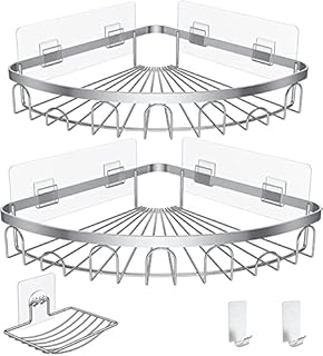 Sotfamily 2 Packs Corner Shower Caddy + 1 Soap Dish, No Drill Shower Organiser with 2 Extra Self Adhesive Hooks, Rust Free SUS304 Stainless Steel Bathroom Shower Storage, Silver