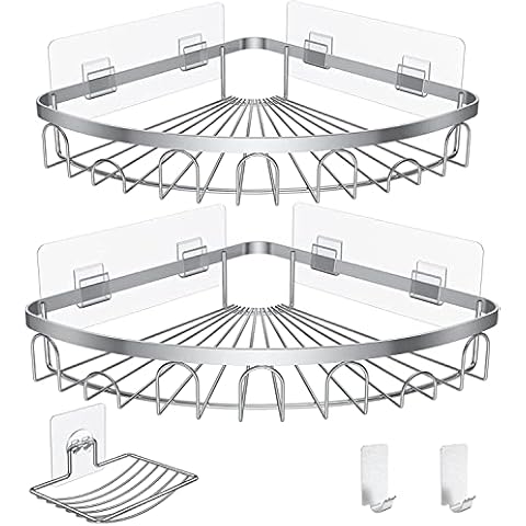Sotfamily 2 Packs Corner Shower Caddy + 1 Soap Dish, No Drill Shower Organiser with 2 Extra Self Adhesive Hooks, Rust Free SUS304 Stainless Steel Bathroom Shower Storage, Silver Cover