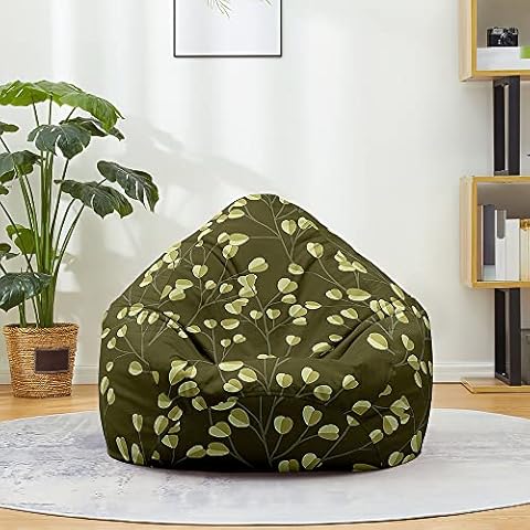 Treer Sitzsack Bezug ohne Füllung Kinder Erwachsene Sitzsackbezug 3D Grüne Blätter Pflanze Drucken Abnehmbarer Waschbar Sitzsack Außenbezug Spielzeug Aufbewahrungstasche (70x80cm,Olivgrün) Cover