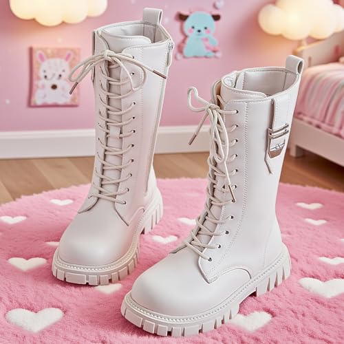 Girls Lace Up Boots Mid Calf PU Leather Side Zipper Goth Booties Fashion Waterproof Leather Side Zipper Shoes 4-11 Years2