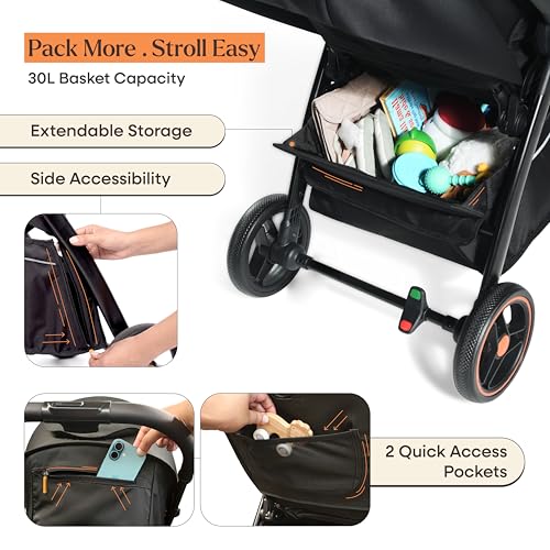 Image of Loopie Stroller and Rain Cover with Mosquito Net | 1 Hand Fold Cabin Friendly Compact Foldable Stroller for 0-4 Years with Adjustable Seat | Sleeping Position | 360 Wheels | 1 Year Warranty | Black