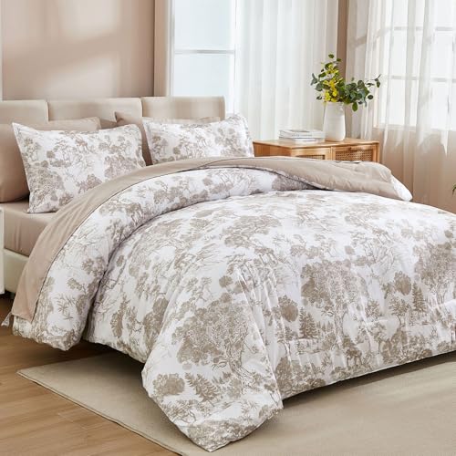 Image of DJY Khaki Comforter Set Full Size,7 Pieces Bed in a Bag Botanical Comforters with Sheets Elegant Plants Print Soft Microfiber Reversible Complete Bedding Sets for All Season