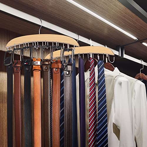 Belt Hanger, 14 Hooks Belt Holder for Closet, Wooden Tie/Belt Rack for Storage, 360°Rotating Belts Organizer for Closet Space Save Tie Tank Top, Scarf-Natural Wood Finish with Chrome Hooks - Thumbnail 6