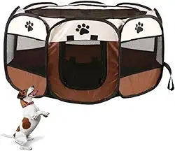 Tenda Cercado Dobrável para Pet – Portátil, com Tela Anti-mosquito, Zíper Superior e Porta Enrolável | Fácil de Montar e Transportar | Impermeável | Casinha Pet | Cercadinho | Cachorro Gato (Marrom)
