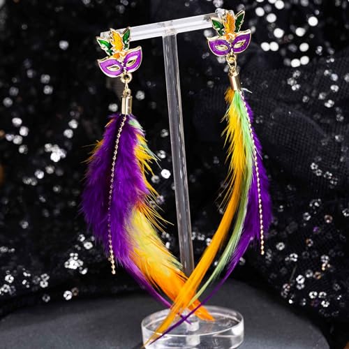 Mardi Gras Earrings, Colorful Mask Feather Dangle Earrings for Women Girls Jewelry, Carnival Drop Earrings Holiday Party Accessories2
