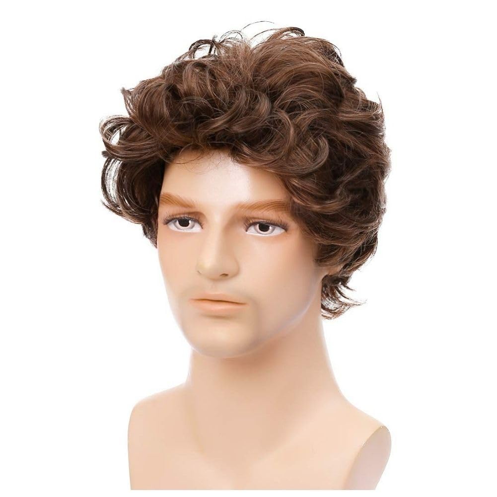 Siudus Brown Curly Wigs for Men Short Layered Synthetic Fiber Hair Wig for Daily Party Use, DarkBrown - Image 4